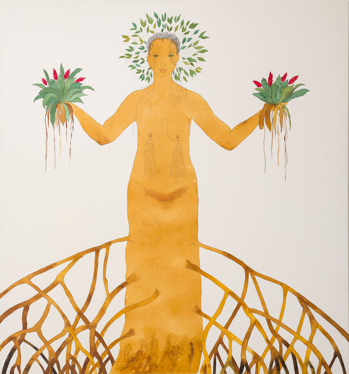 Pintura em aquarela de uma mulher de cujas pernas saem raízes como num mangue, ela segura duas plantas nas mãos e usa uma coroa de plantas.