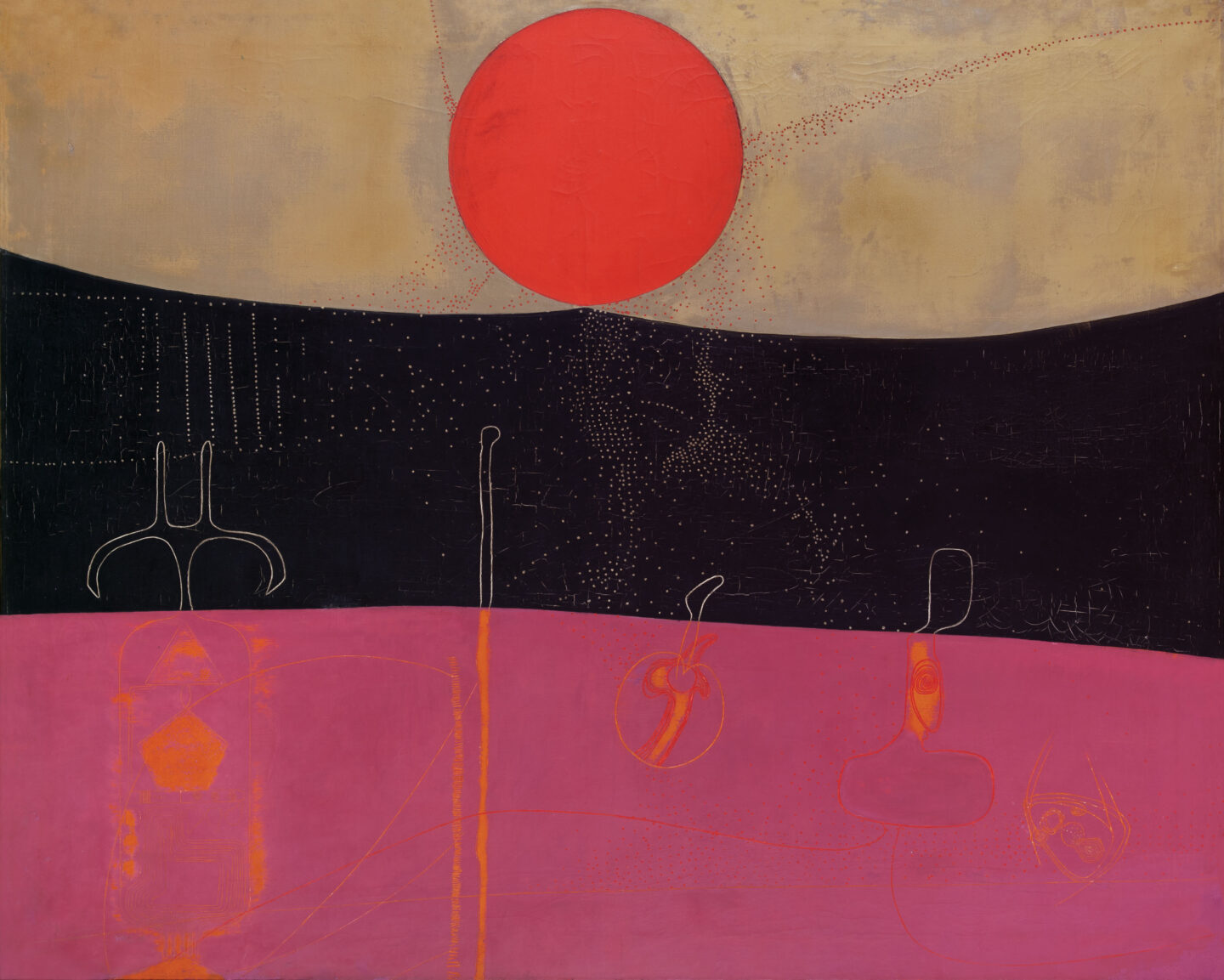 Pintura abstrata em óleo de Elda Cerrato que possui um terço superior da tela em bege com um círculo vermelho ao centro, um terço em preto e o terço abaixo em rosa, sobre os dois terços inferiores, há pequenas imagens que remetem à produção de energia.